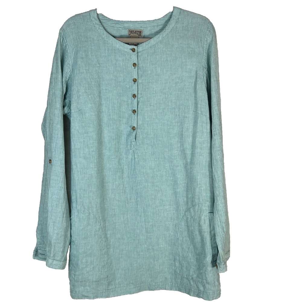 Duluth Trading Co Dress Cover up Hemp Cotton 1/2 Button Up Tunic L Green Stripes